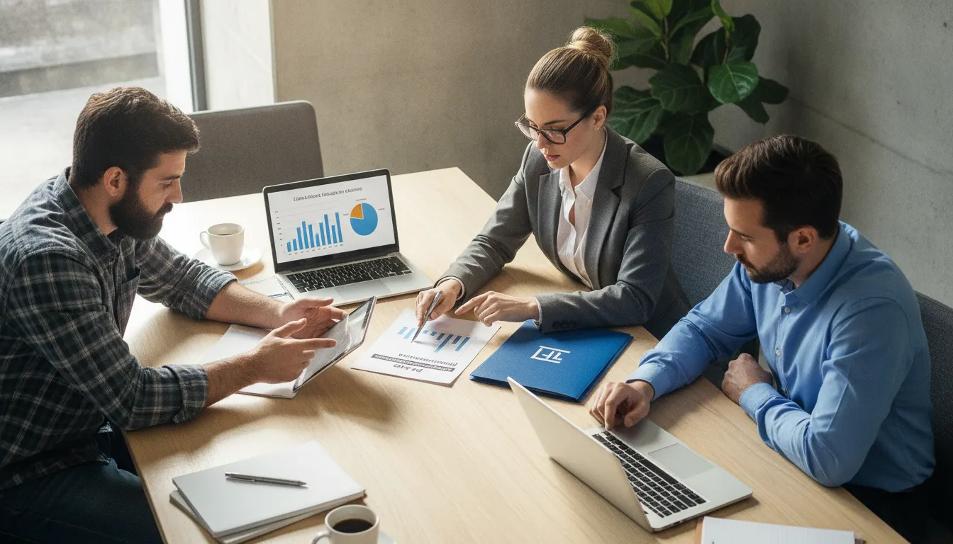 Equipe Financia Tudo e cliente discutem prazo financiamento caminhão em escritório moderno e colaborativo.