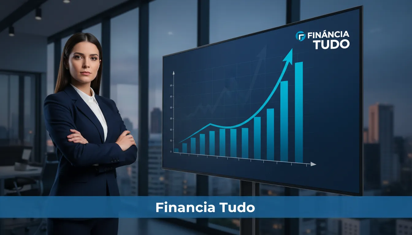 Mulher de negócios confiante em frente a um gráfico financeiro ascendente, simbolizando o crescimento e as oportunidades através da indicação de crédito da Financia Tudo.