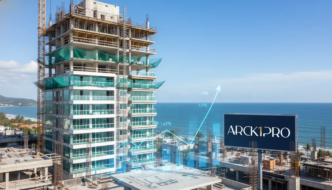 Edifício de alto padrão em construção no litoral catarinense com gráficos digitais, ilustrando crowdfunding imobiliário.