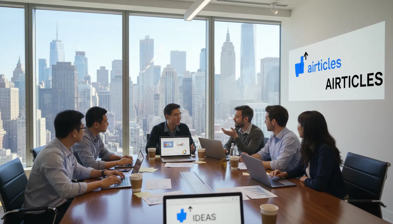 A collaborative team brainstorming seo google keyword strategies in a Manhattan office, highlighting Airticles' teamwork in content marketing.