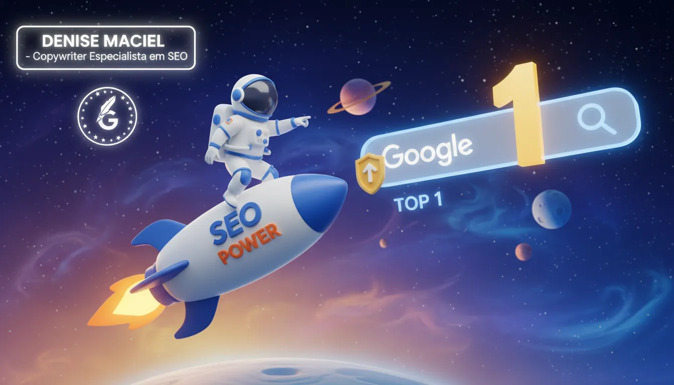 Ilustração 3D de foguete SEO impulsionando site para a google-primeira, com Denise Maciel como astronauta.