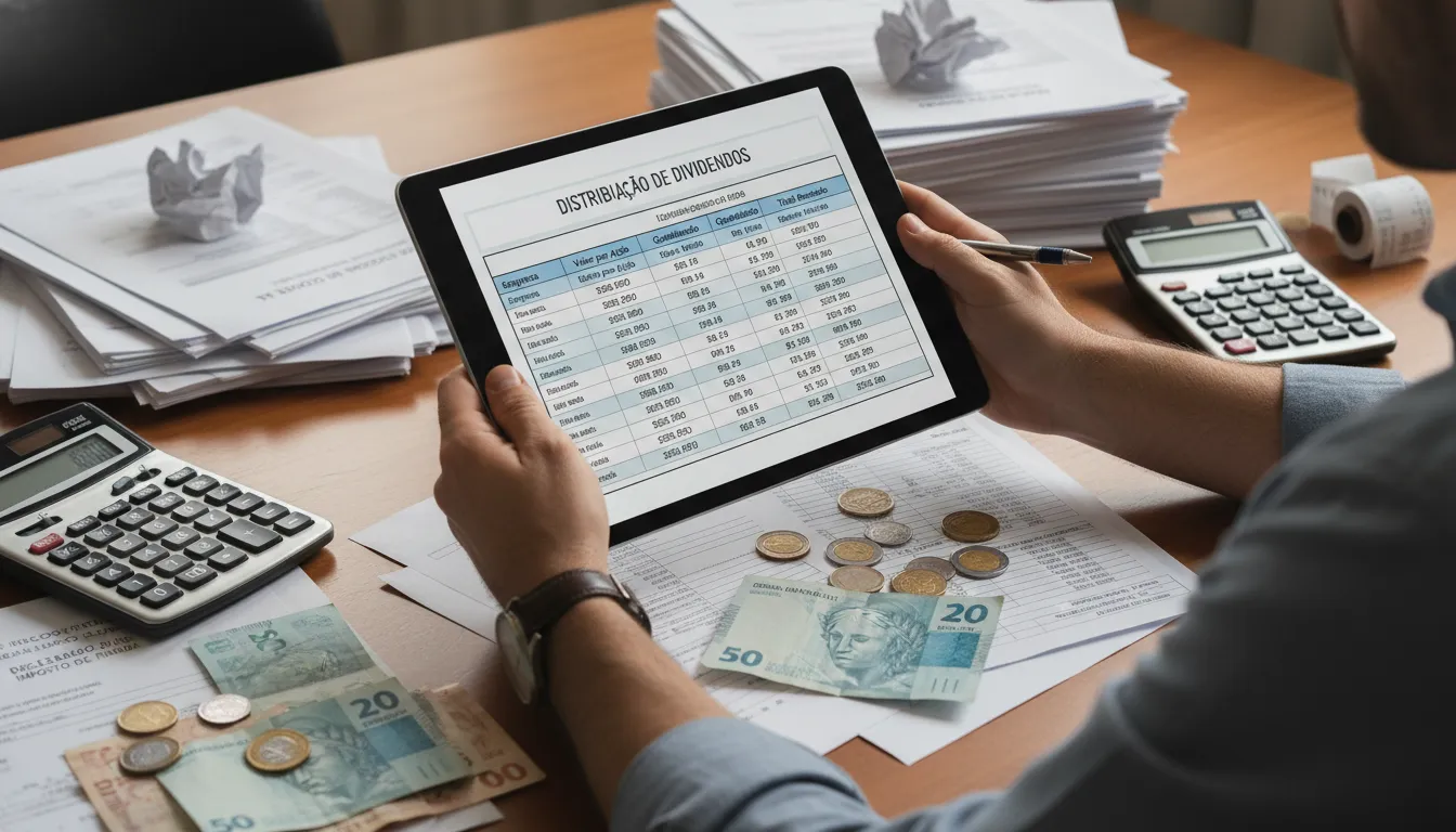 Análise detalhada de distribuição de dividendos, cálculos e documentos fiscais em ambiente corporativo.