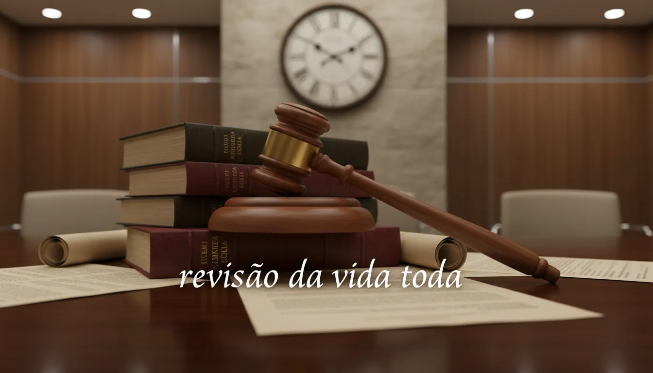 Martelo de juiz sobre livros jurídicos, simbolizando decisão sobre a revisão da vida toda e justiça. Forte Advocacia.