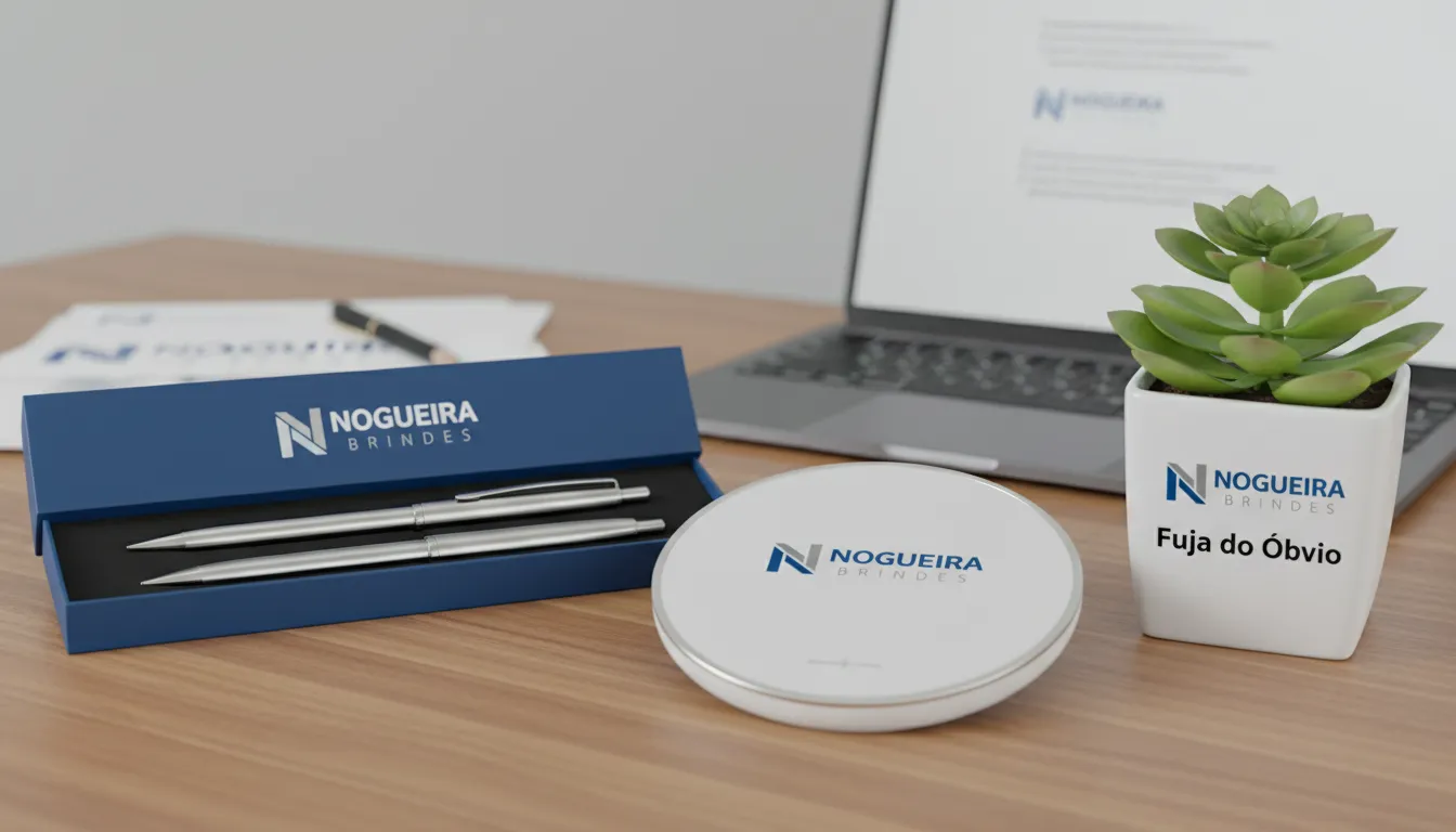 Close-up de uma mesa com diversos brindes criativos corporativos da Nogueira Brindes, incluindo carregador wireless, canetas e um pequeno suculenta.