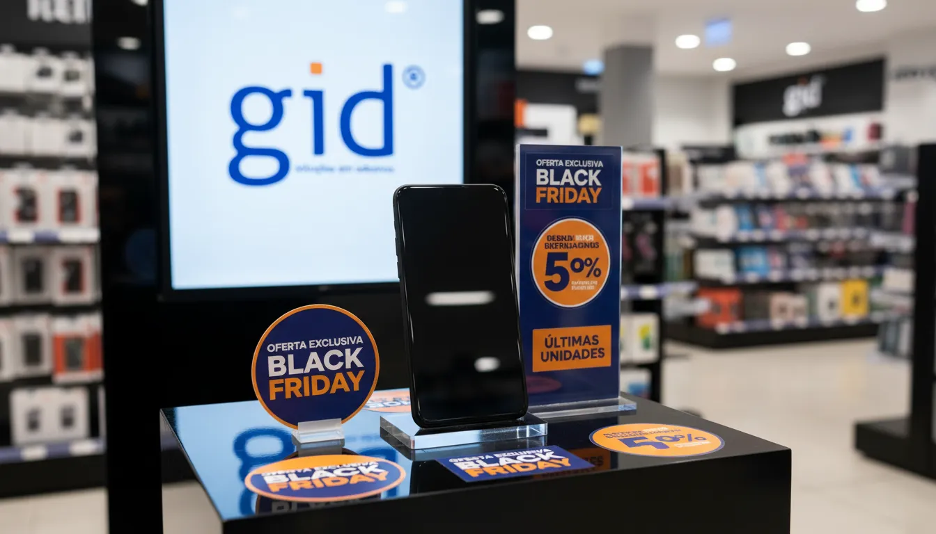 Detalhe realista de um display com adesivos personalizados para propaganda black friday estratégias de ofertas exclusivas.