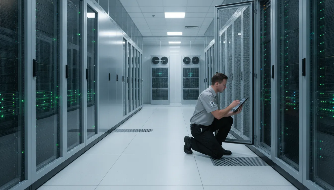 Profissional de TI em data center seguro, representando a infraestrutura da governança corporativa.