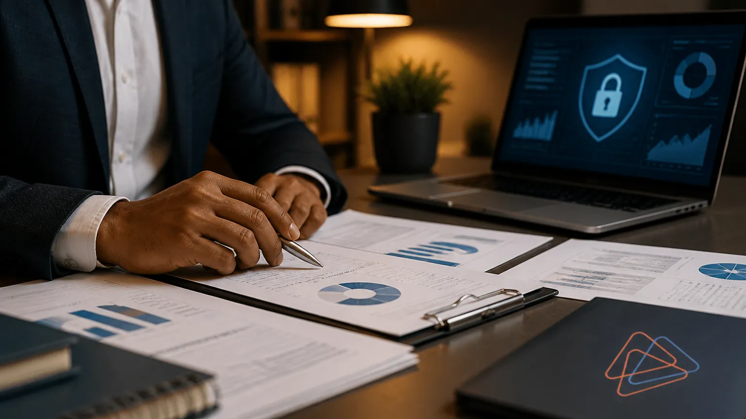 Mesa de trabalho com documentos de auditoria do encarregado de dados DPO na empresa.