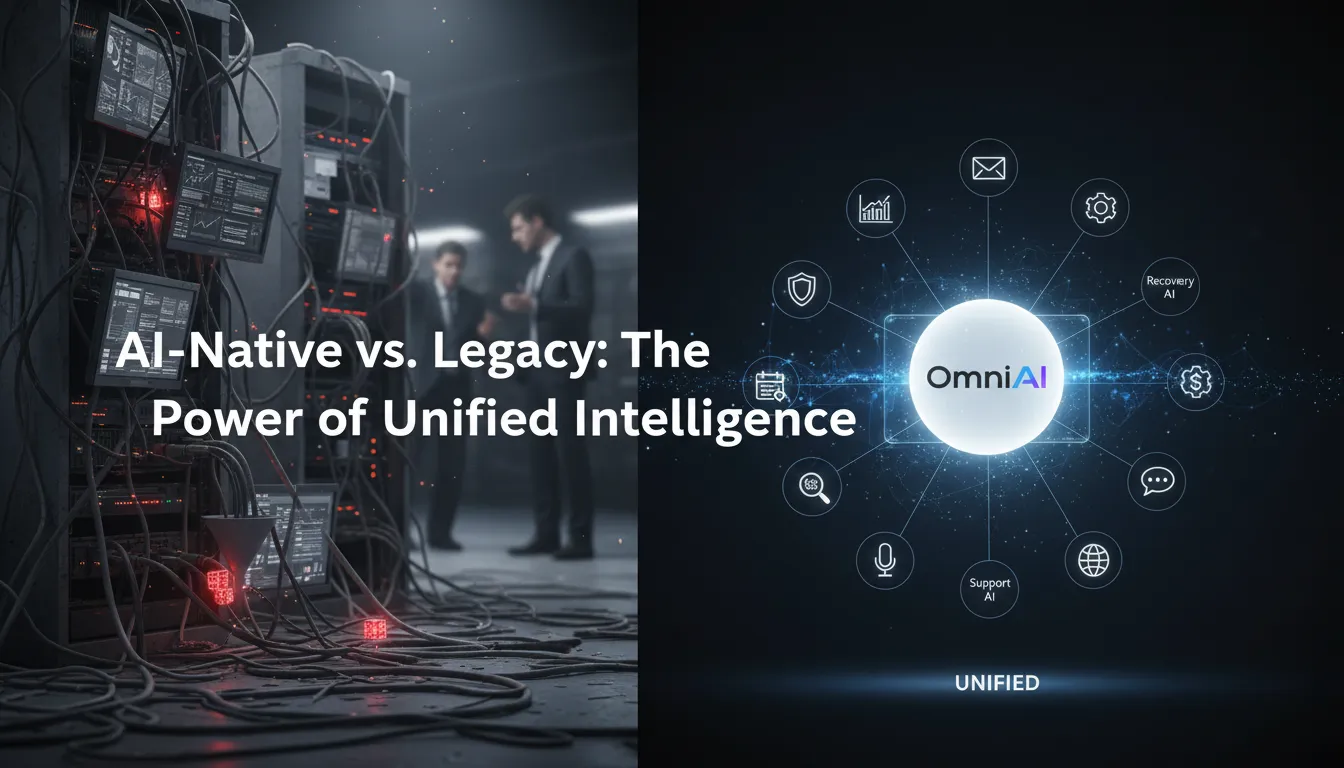 Visualizing AI-native omnichannel WhatsApp platform: integrated agents versus fragmented legacy systems.