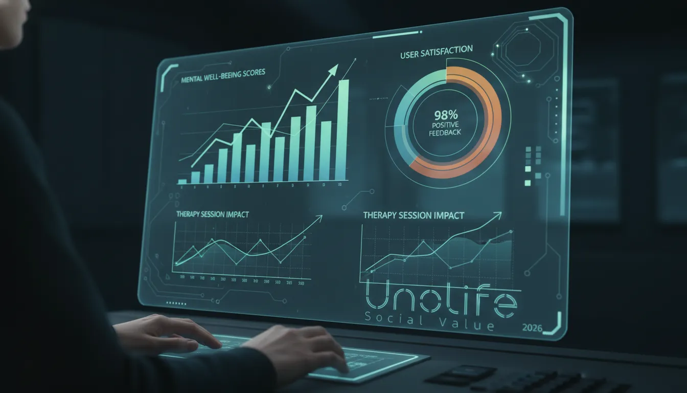 Interface futurística com dados e feedback positivo das sessões de terapias online em 2026, mostrando bem-estar e satisfação dos usuários.