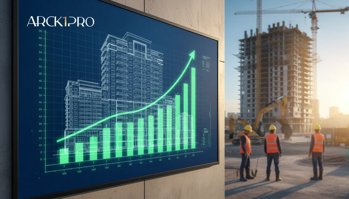 Gráfico financeiro sobre planta de edifício, mostrando lucro. Imóvel na planta vale a pena: análise de dados.