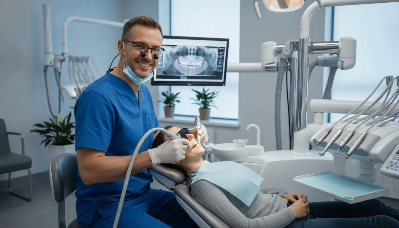 Dentista usa equipamentos odontológicos modernos, resultado de financiamento bem-sucedido, oferecendo tratamento de qualidade.