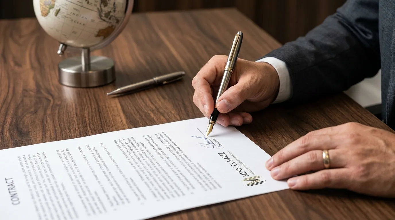 Assinatura de contrato internacional para proteção contra bitributação internacional de patrimônio.