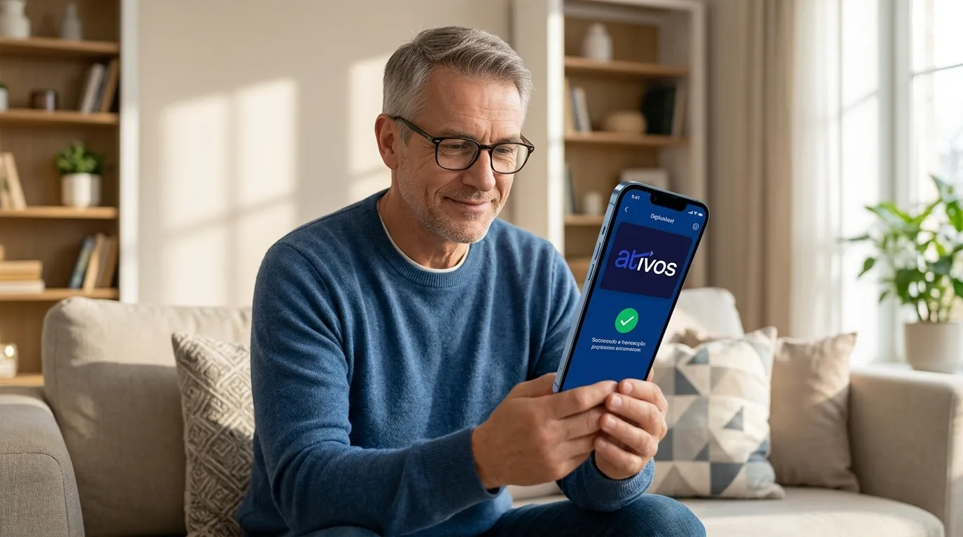 Homem com celular consultando seu precatório TJMS na sala de casa.
