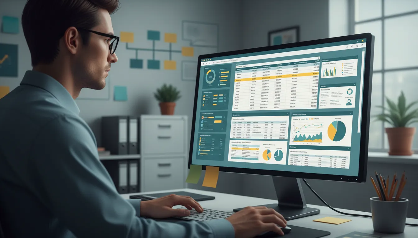 Pessoa analisando planilha complexa de dados de folha de pagamento em um monitor grande, com um fluxograma transparente e sobreposto no fundo, representando o holerite.