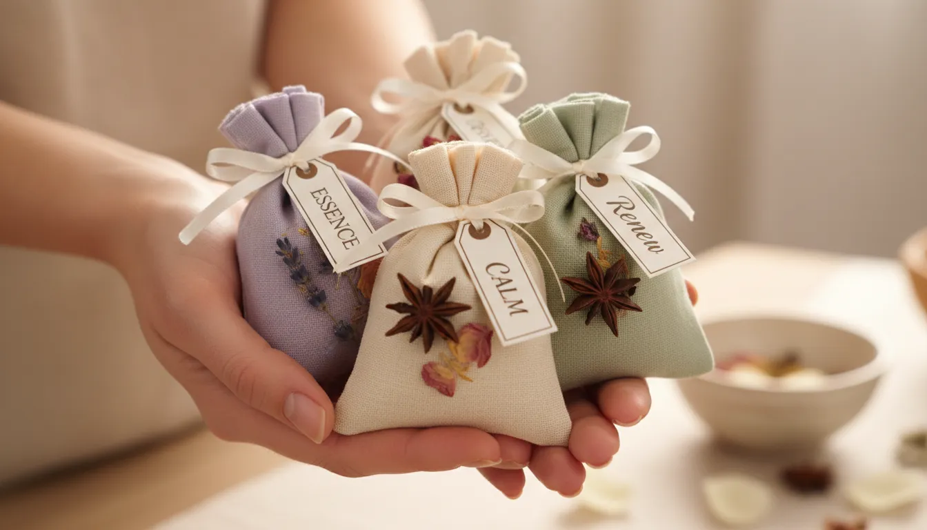 Mãos seguram sachês aromatizados personalizados, simbolizando experiência sensorial e bem-estar.