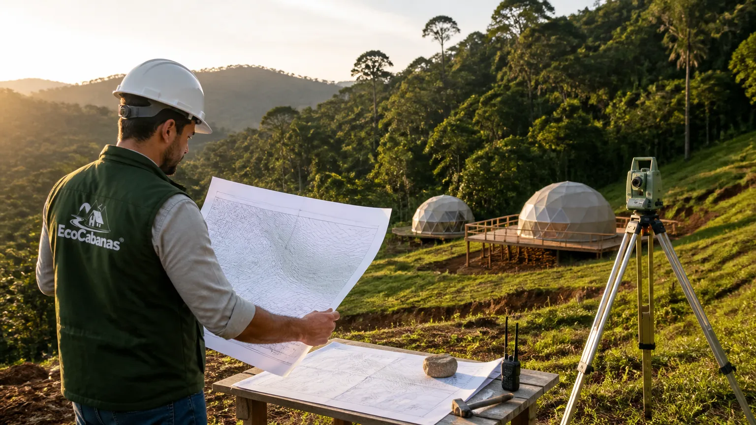 Planejamento topográfico de terreno para instalação de glamping em Santa Catarina.