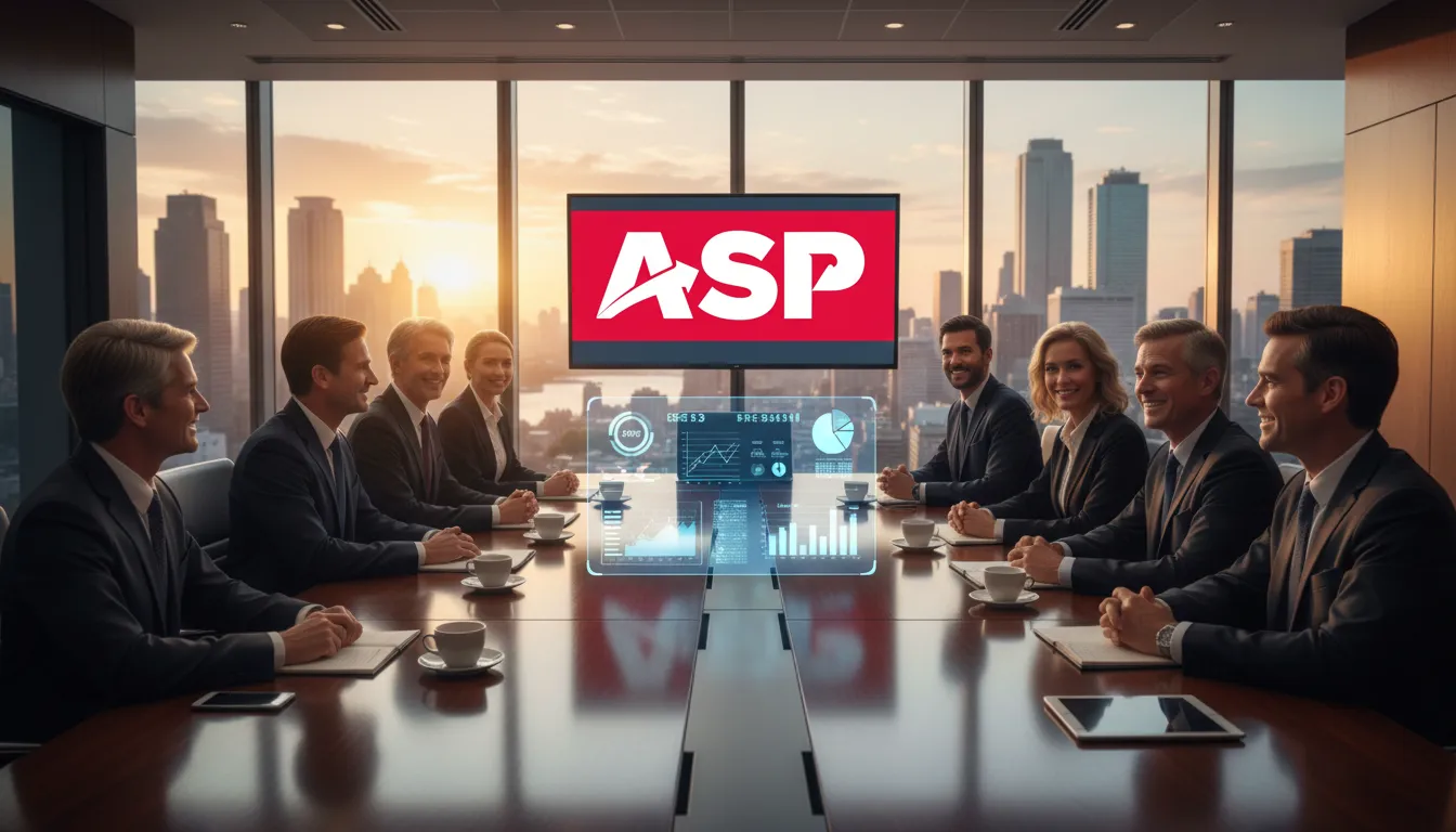 Executivos em sala de reuniões analisando projeção holográfica de dashboard financeiro, com foco na dre (Demonstração do Resultado do Exercício) e indicadores de lucratividade.
