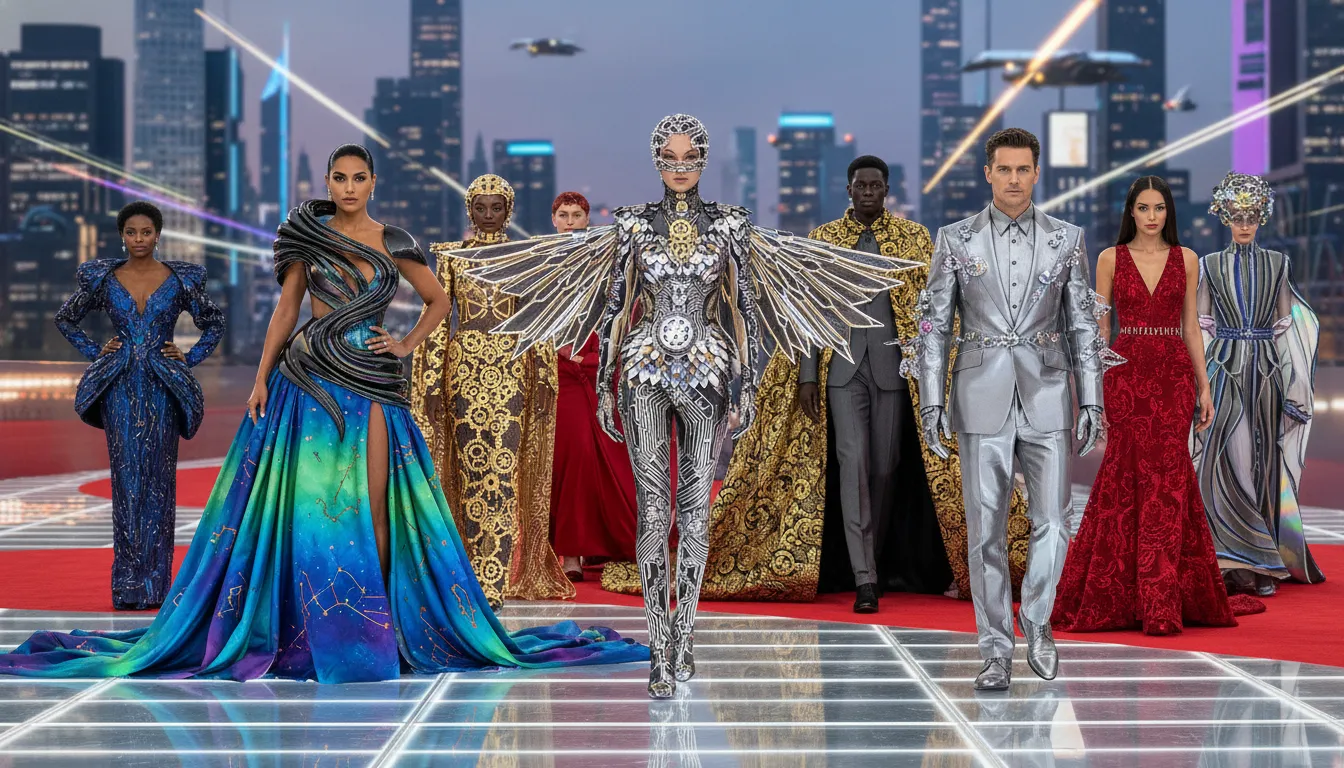 A diverse group of celebrities showcasing elaborate, avant-garde fashion for Met Gala 2026, interpreting qual é o dress code.