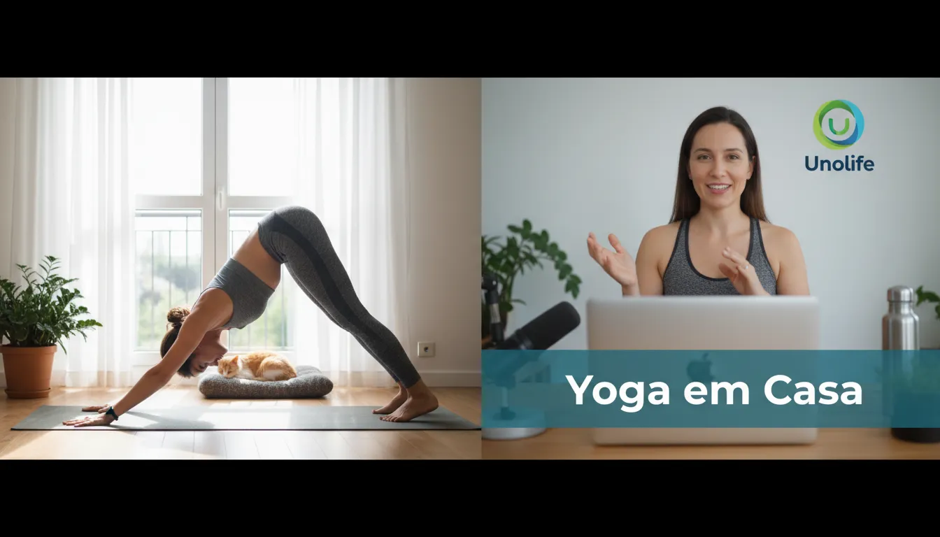 Tela dividida mostrando uma praticante de yoga online para iniciantes em casa e uma instrutora qualificada em videochamada, com o logo da Unolife ao fundo.