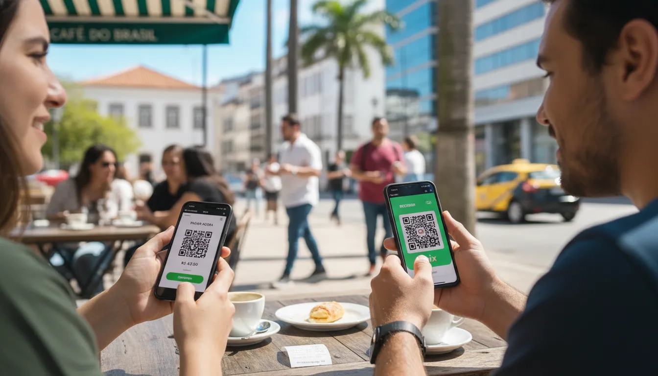 Duas pessoas em um café fazendo pagamentos digitais por QR Code, mostrando o uso cotidiano da tecnologia financeira.