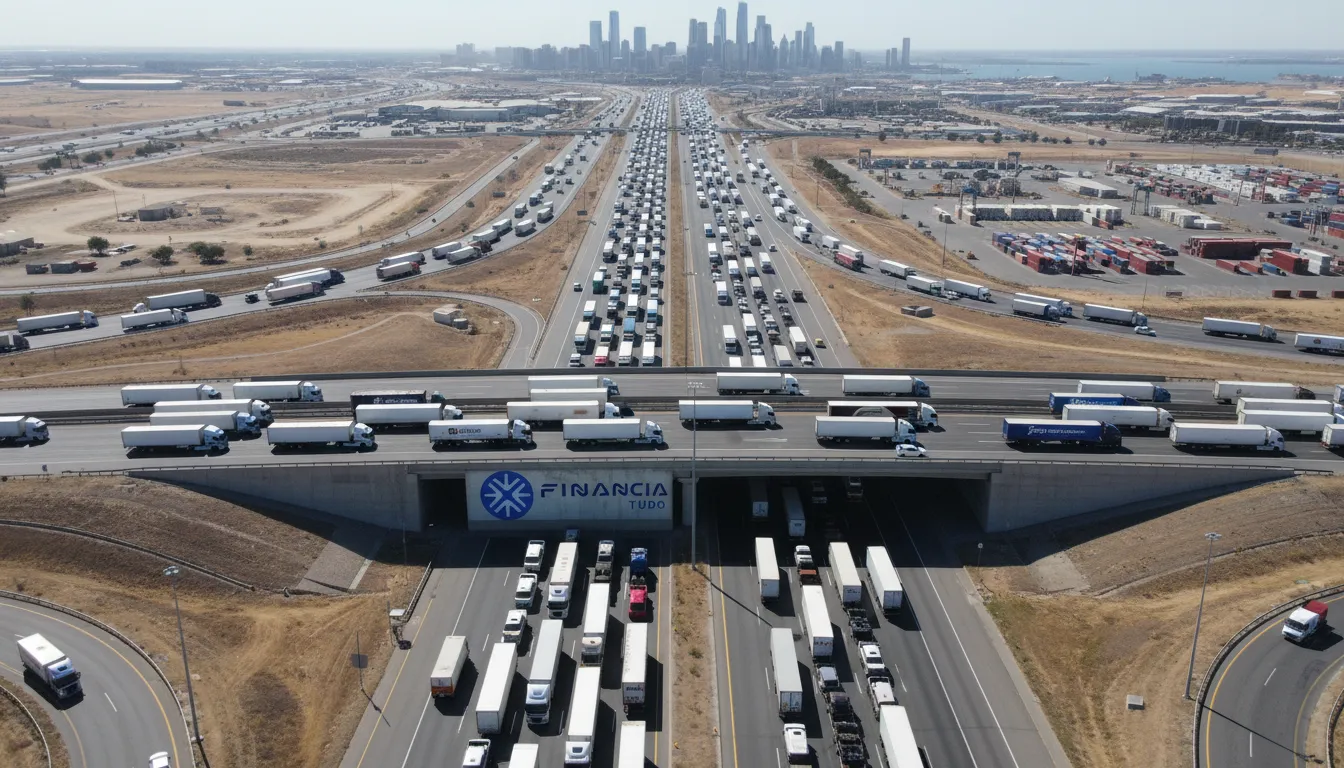 Visão aérea de uma rodovia movimentada com caminhões, representando as oportunidades de financiar caminhão com entrada baixa e prosperar no setor.