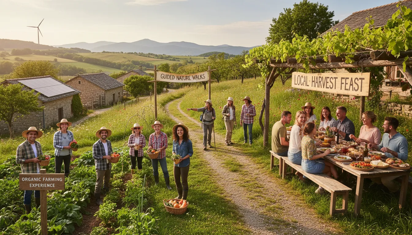 Turistas participando de atividades rurais sustentáveis como plantio, trilhas e refeição ao ar livre com produtos locais.