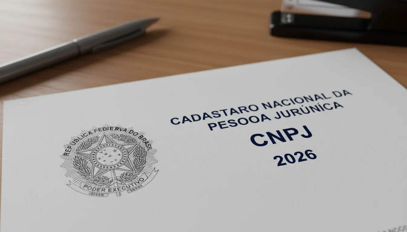 Detalhe de um documento oficial do CNPJ, enfatizando a importância da legalização empresarial e o custo para abrir CNPJ em 2026.