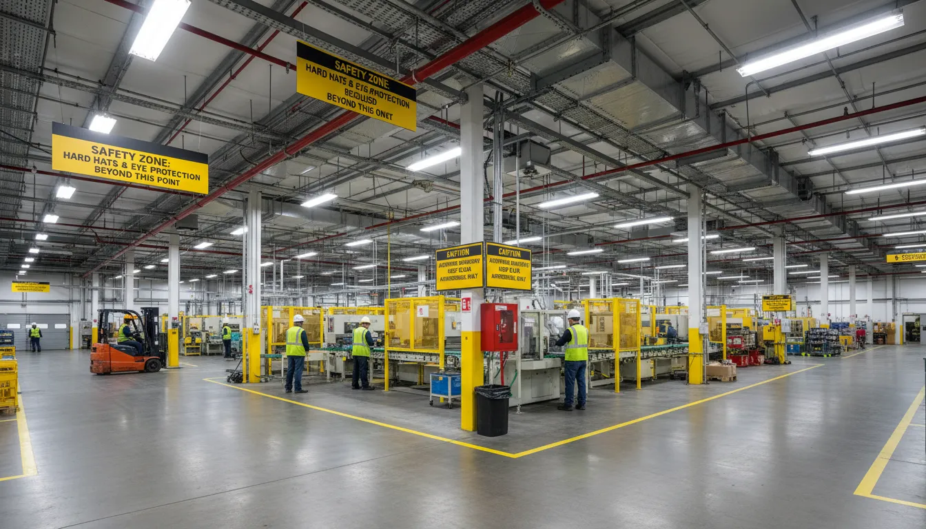 Placas personalizadas em ambiente industrial orientando segurança no trabalho