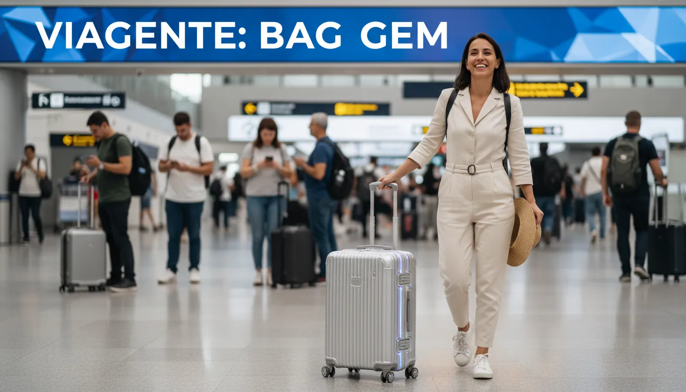 Um viajante sorrindo, puxando sua bagagem de mão em um terminal de aeroporto movimentado, transmitindo a sensação de facilidade ao viajar com a Viagente.