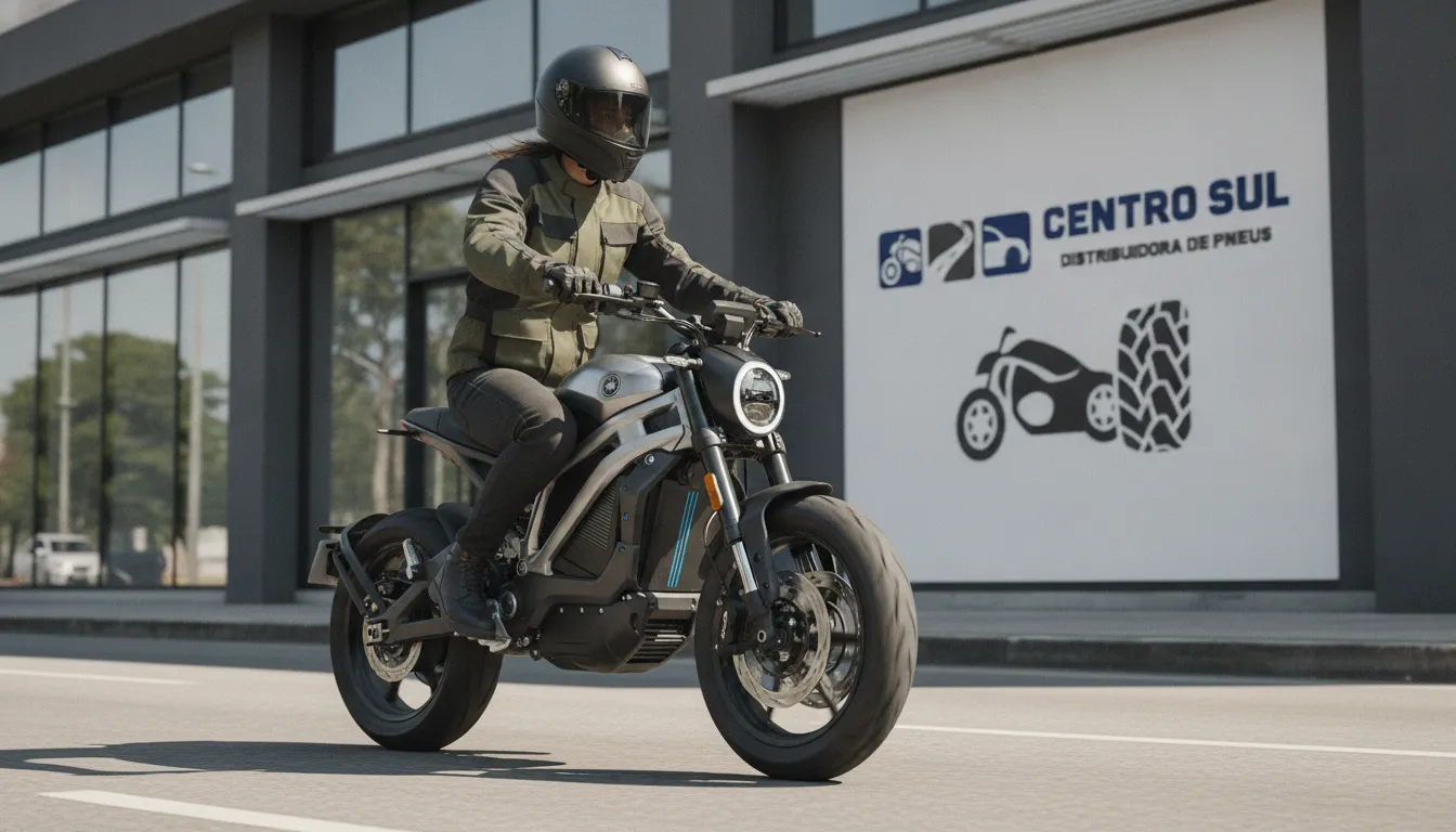 Pneu moto eletrica: Motociclista desfruta viagem segura com pneus de qualidade, enfatizando mobilidade urbana.