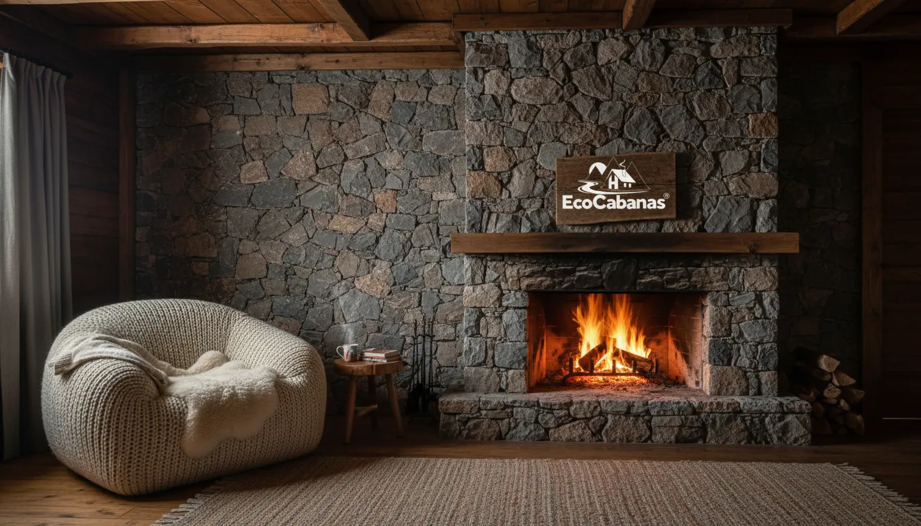 Interior de chalé com lareira e parede de pedra iluminada, destacando o aconchego do design rústico e os materiais naturais do projeto Eco Cabanas.