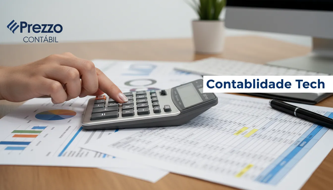 Cálculos precisos e relatórios financeiros detalhados, simbolizando a expertise em Contabilidade para Empresas de Tecnologia da Prezzo Contábil.