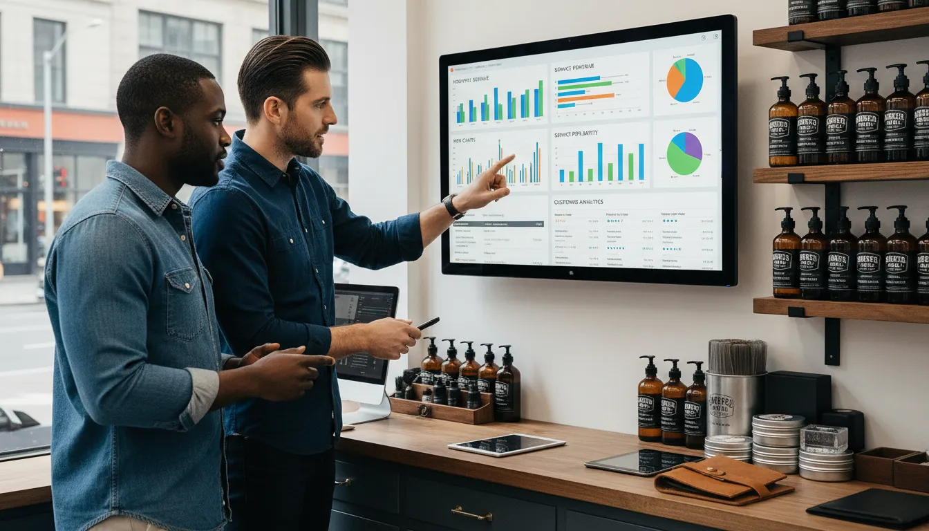 Barbeiros analisando relatórios e dados de clientes em computador, com produtos de barbearia ao fundo
