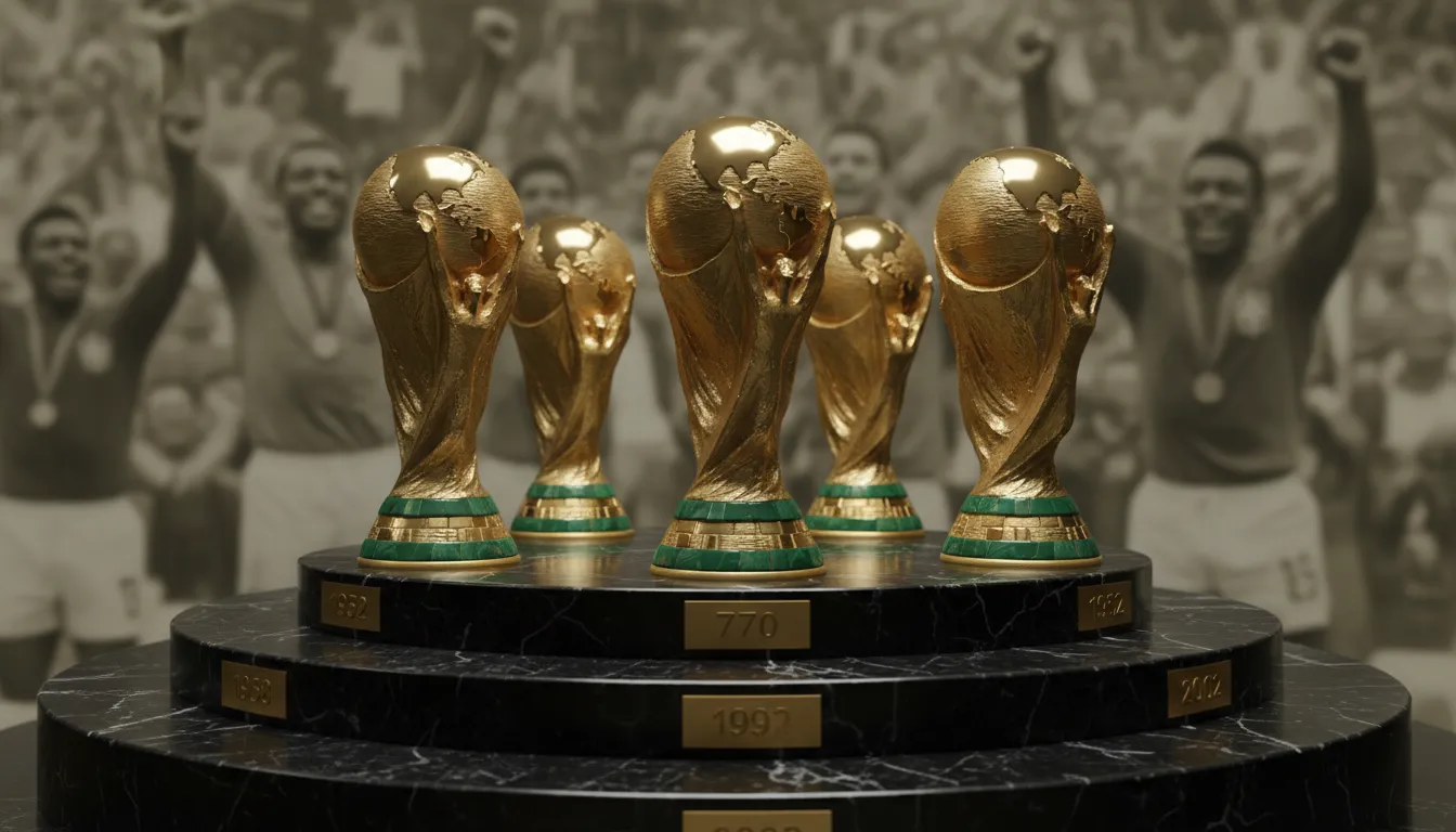 Cinco troféus dourados da Copa do Mundo em um pedestal, representando o Brasil como o maior campeão copa do mundo.