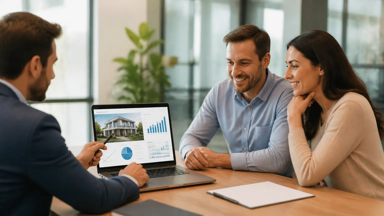 Consultor orientando clientes sobre características do imóvel para garantia financeira.
