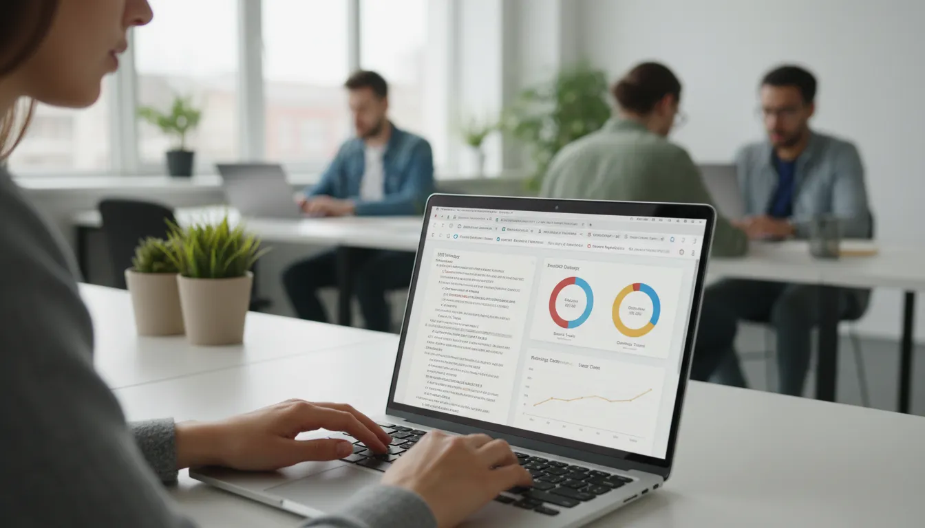 Produtor de conteúdo otimizando site com ferramentas de análise SEO