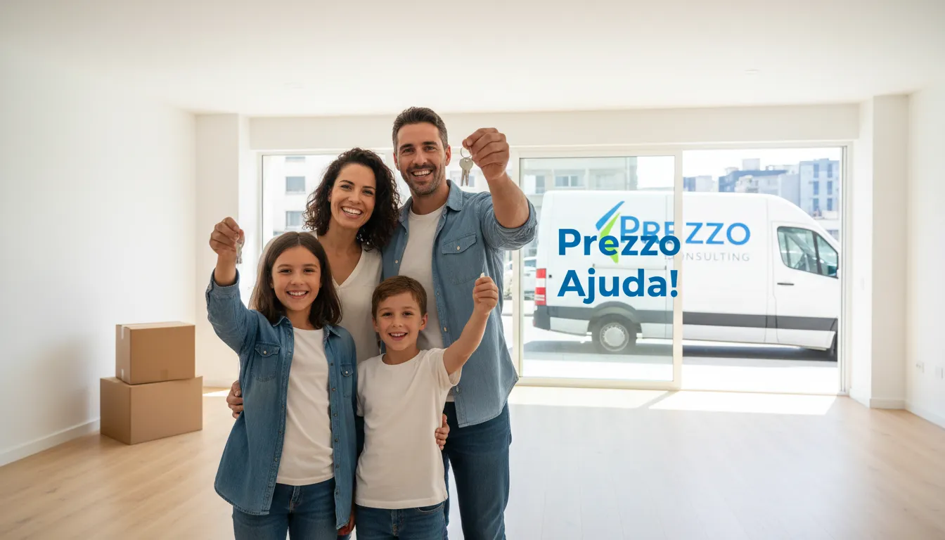 Família celebrando a conquista do aluguel nos eua, com a ajuda da Prezzo Consulting.