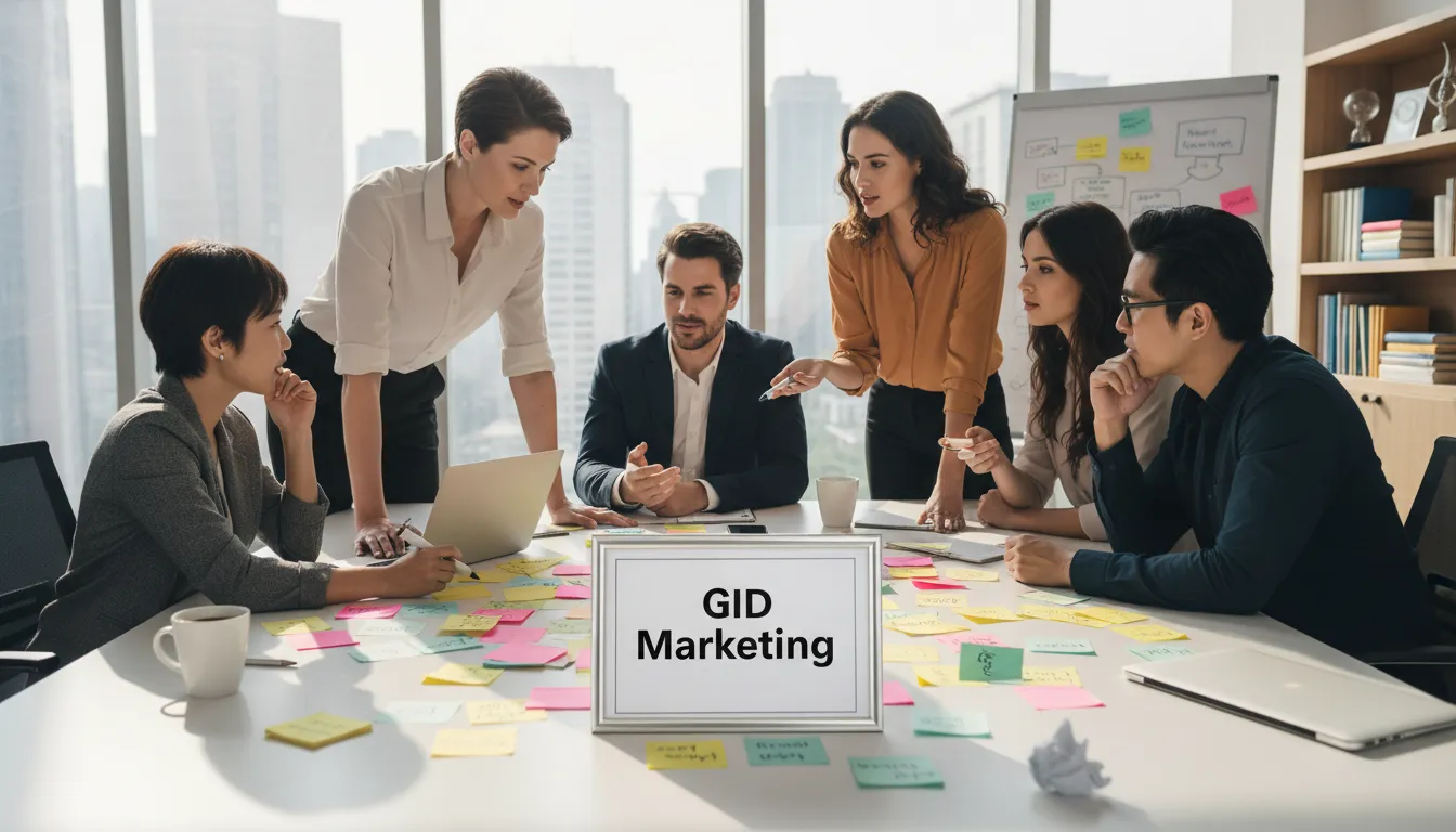 Equipo colaborando en ideas de nombres para agencia marketing con GID, resaltando la estrategia y la innovación.