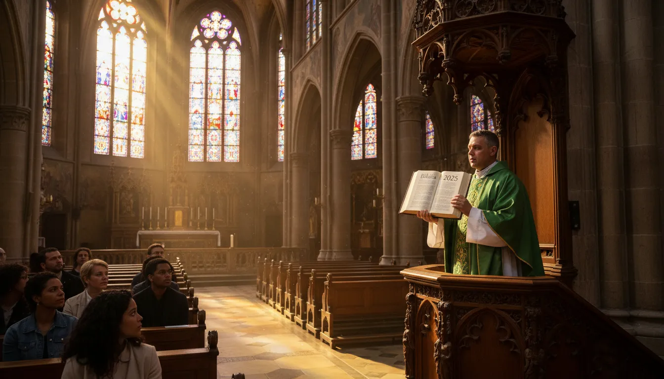 Um padre segurando a bíblia católica durante um sermão em uma igreja, com vitrais e raios de sol.