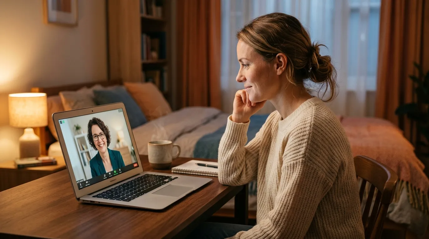 Mulher em consulta de terapia online para apoio psicológico na maternidade.