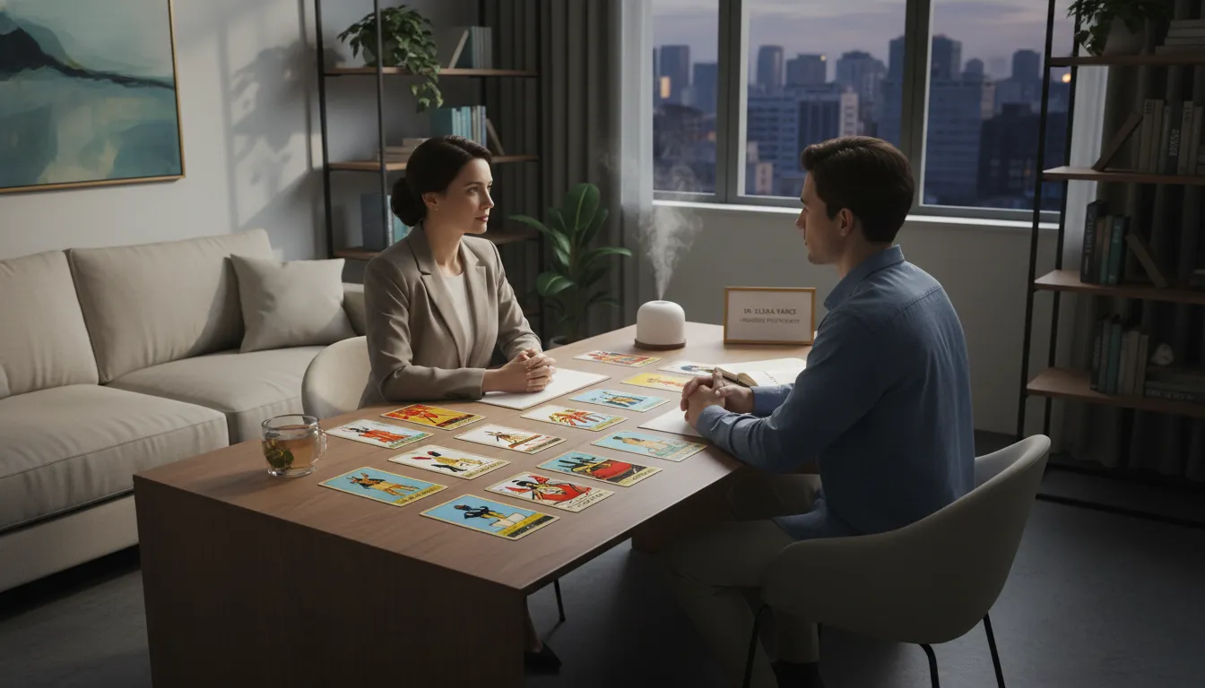 Psicóloga e cliente analisam cartas de Tarot em escritório moderno, mesclando símbolos antigos e ambiente acolhedor.