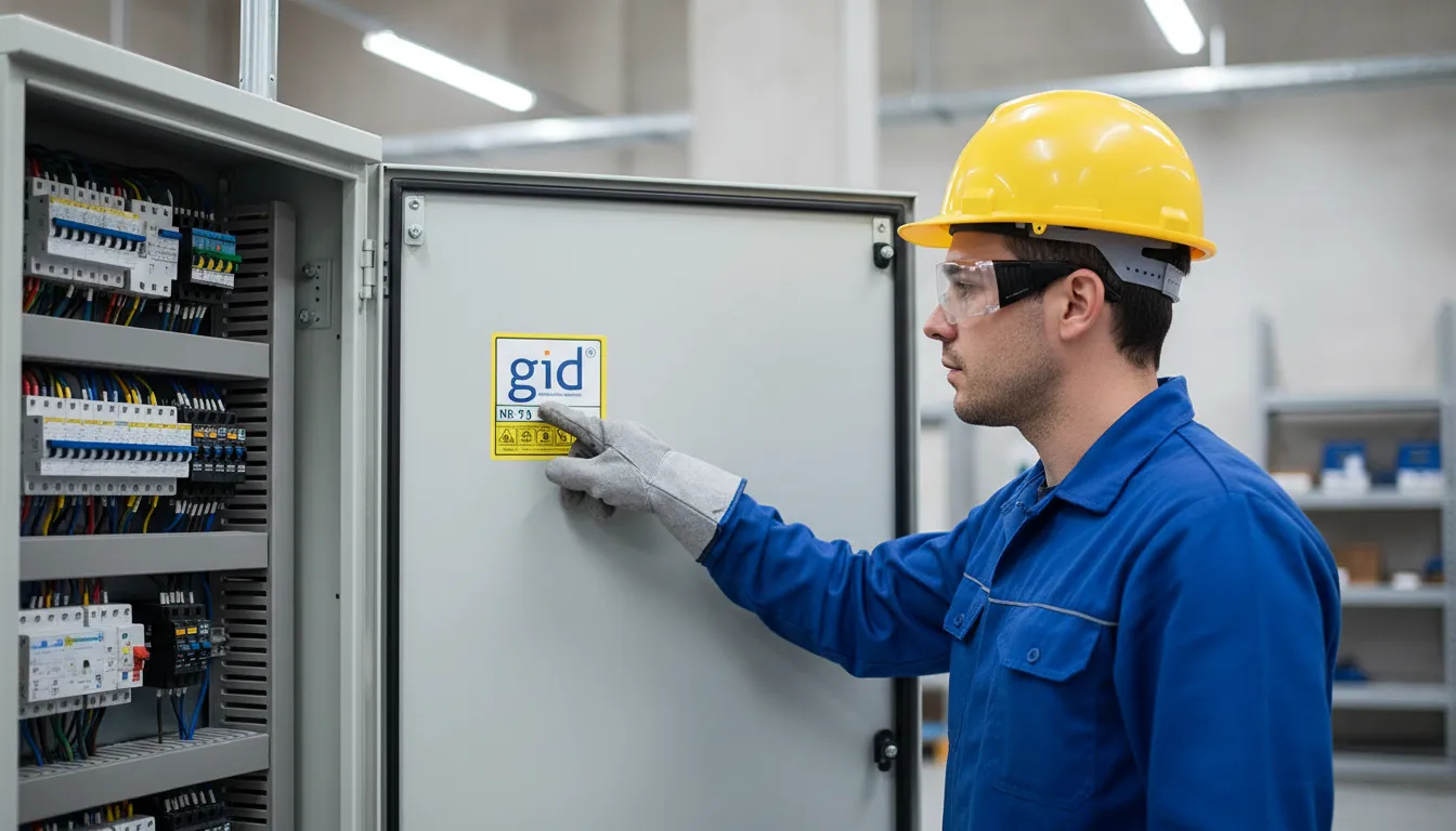 Técnico aponta para adesivo quadro elétrico GID, etiqueta NR-10, em painel aberto. Segurança e identificação.