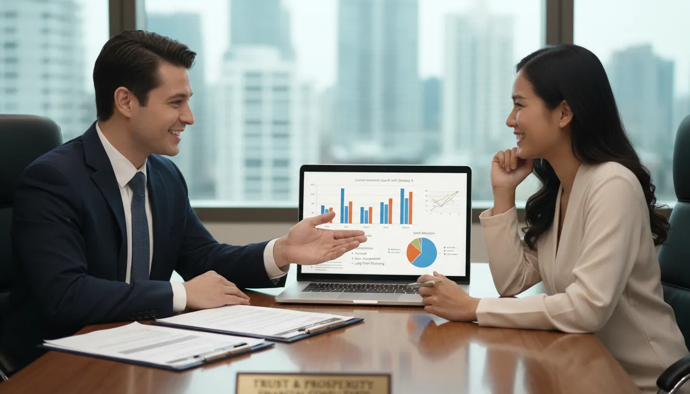 Consultor financeiro ajudando cliente com análise gráfica, simbolizando escolhas financeiras informadas.