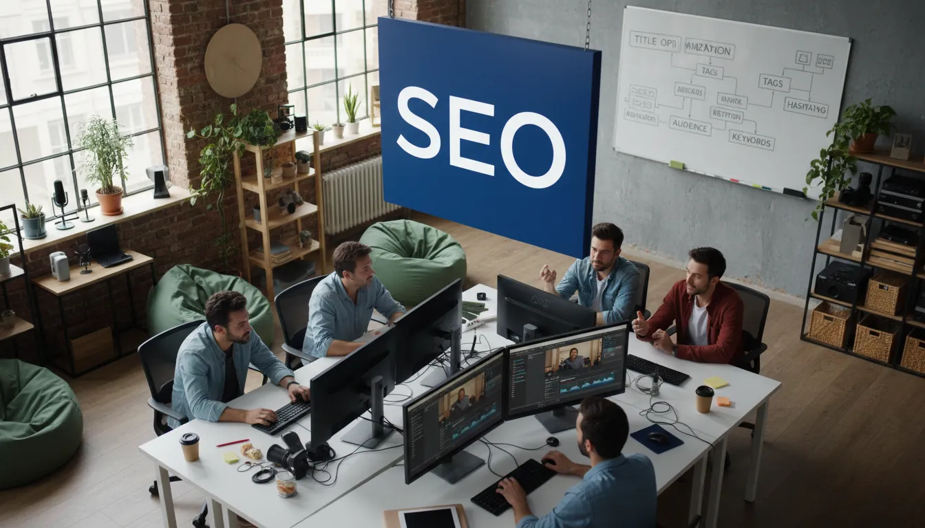 Equipe de edição de vídeo trabalhando na otimização SEO para YouTube, parte essencial de uma estratégia de inbound marketing eficaz.