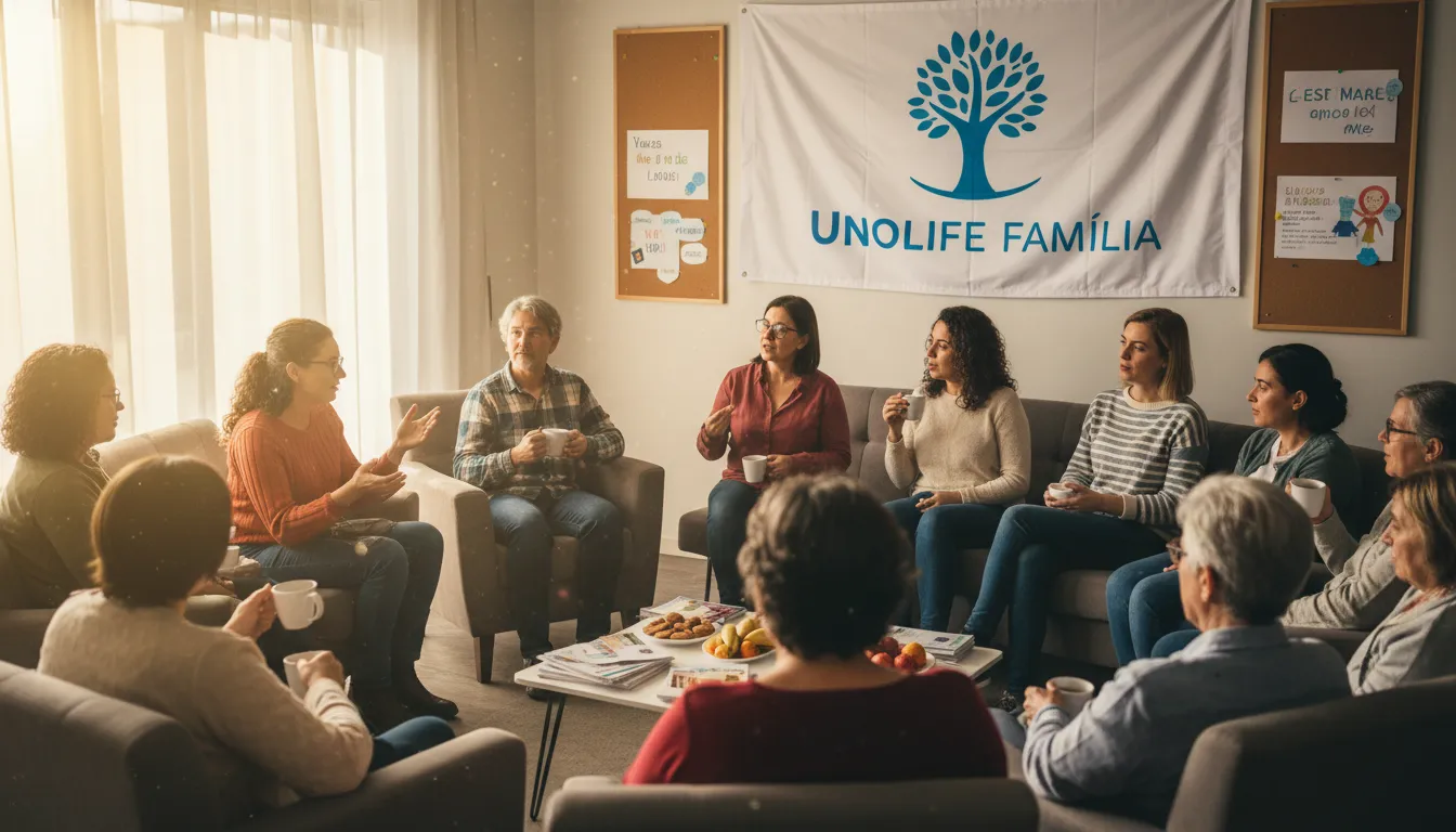 Pais e cuidadores em uma reunião de grupo de apoio, trocando experiências sobre os níveis de suporte do autismo. Unolife.