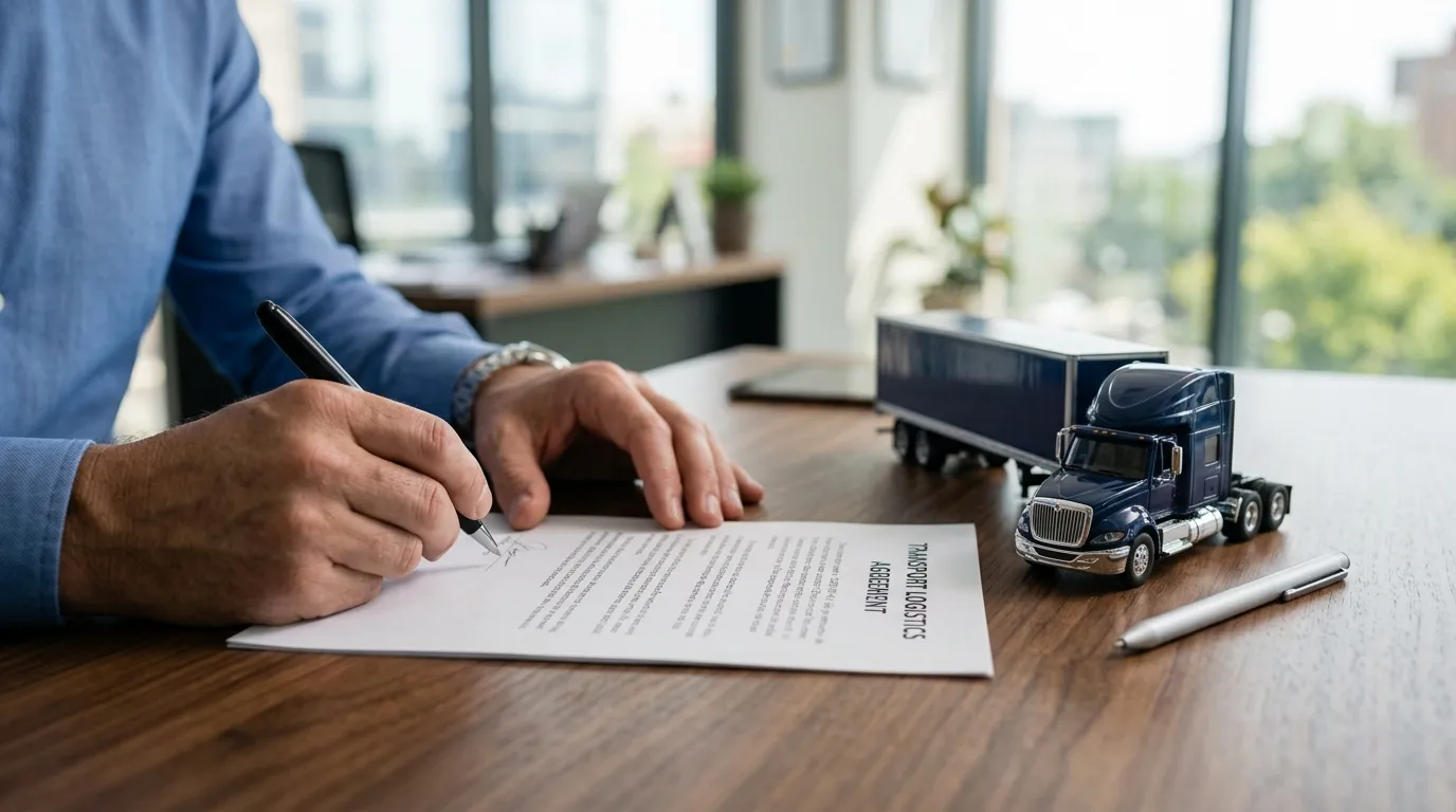 Assinatura de contrato de empréstimo com caminhão em garantia para transportadora em escritório.