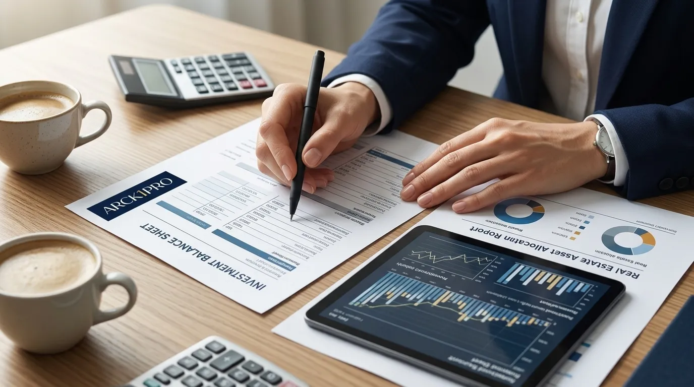 Mesa de planejamento financeiro com relatórios ao fazer imposto de renda de ativos de alto padrão.