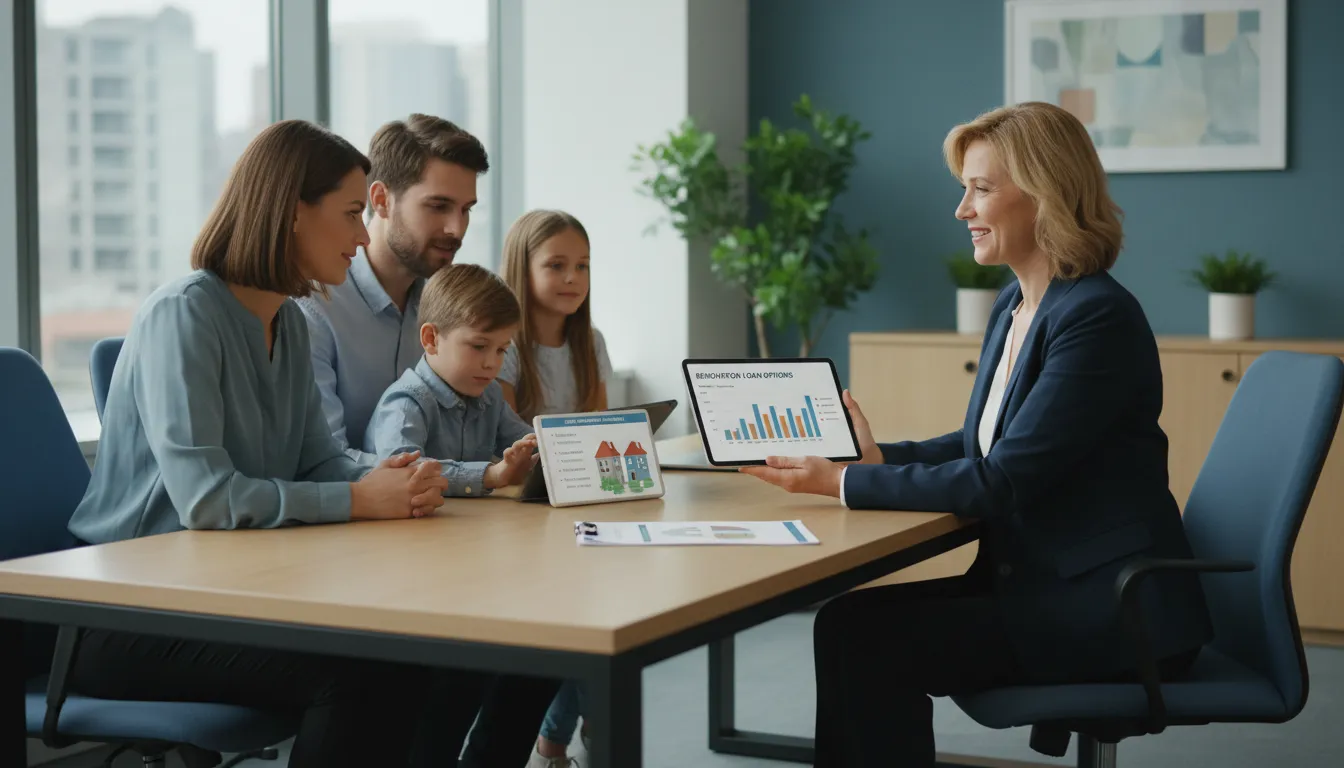 Consultor financeiro apresenta opções de crédito para reforma a uma família em ambiente moderno.