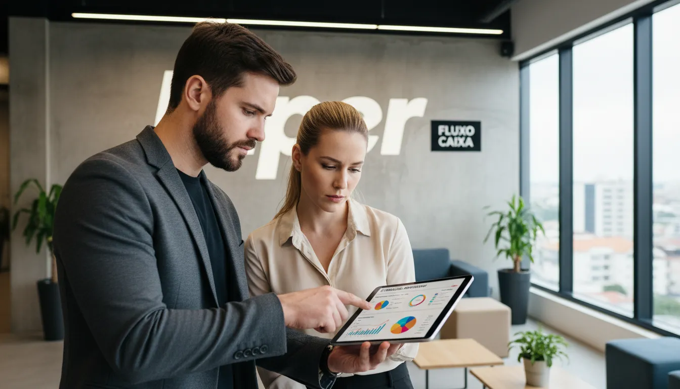 Empreendedores discutindo métricas financeiras em um tablet, com foco em fluxo de caixa e margem. Descubra como calcular margem de lucro com a Hiper.