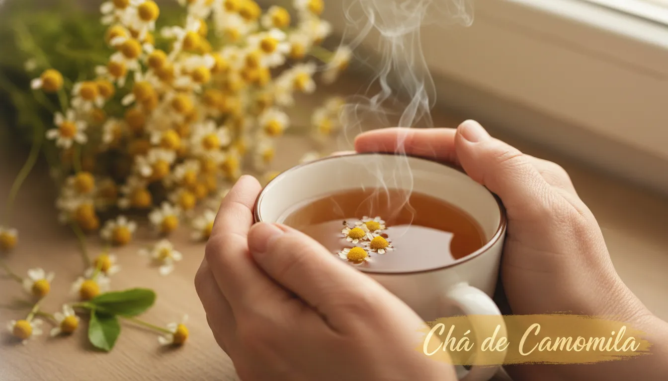 Mãos segurando chá de camomila, uma técnica natural para acalmar a ansiedade. Remédios naturais para o bem-estar e saúde mental.